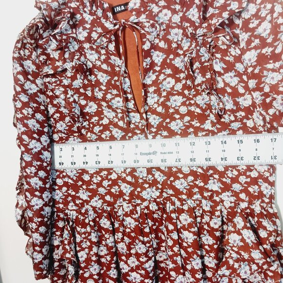 INA, NWT, Mini Dress, MED, Rust Floral Print Ruffle Accents 3/4 Sleeve Feminine - Picture 12 of 16